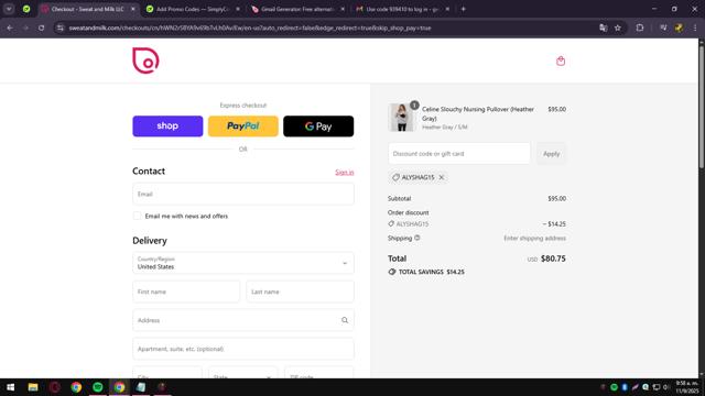 Sweat and Milk checkout page showing Sweat and Milk promo code box | Screenshot taken by SimplyCodes community member on Sep 11, 2025