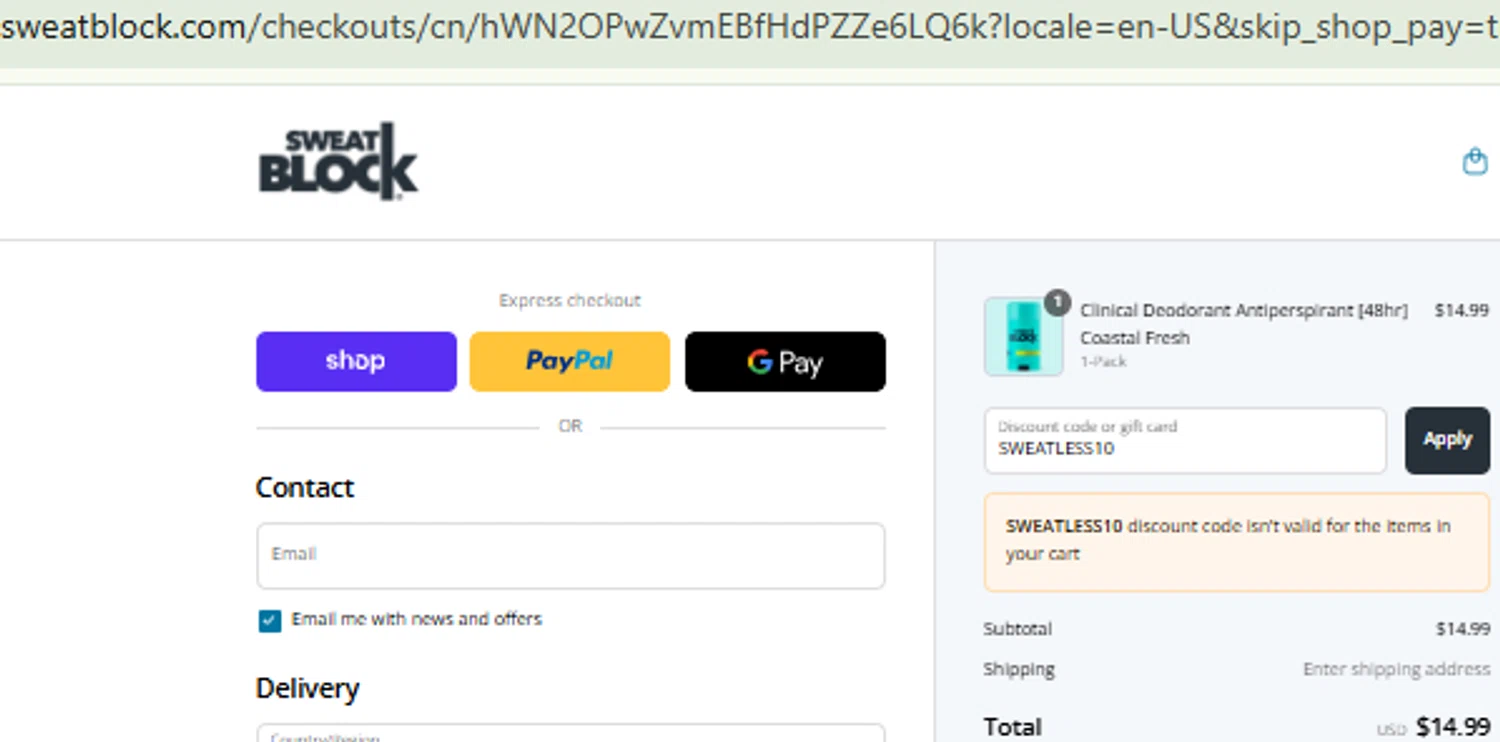 SweatBlock promo code screenshot showing code SWEATLESS10 applied at SweatBlock checkout page. Uploaded by SimplyCodes community member CashMaestro9337 on Aug 30, 2025