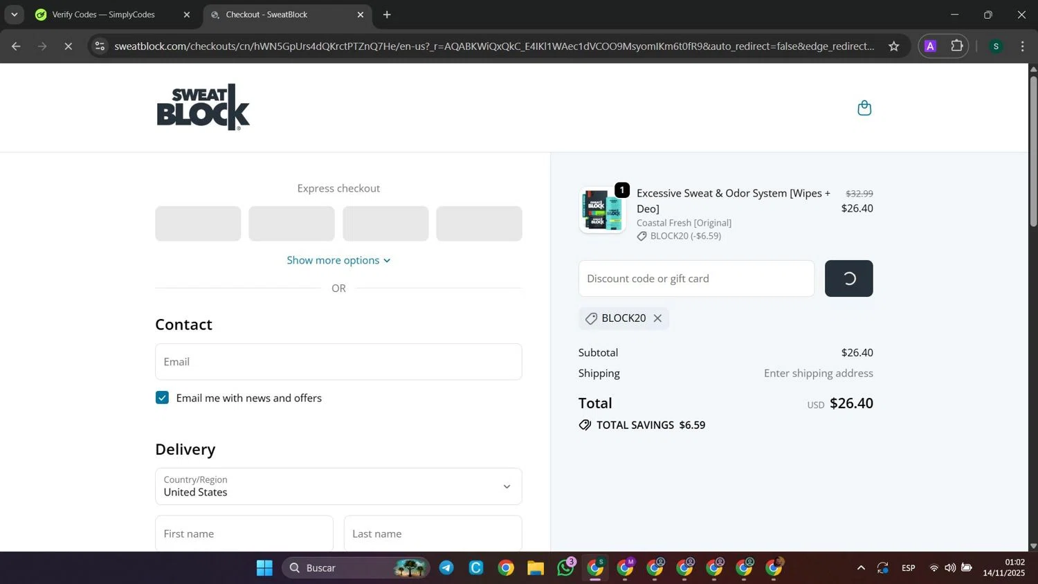 SweatBlock promo code screenshot showing code BLOCK20 applied at SweatBlock checkout page. Uploaded by SimplyCodes community member SaleHunter9008 on Nov 14, 2025