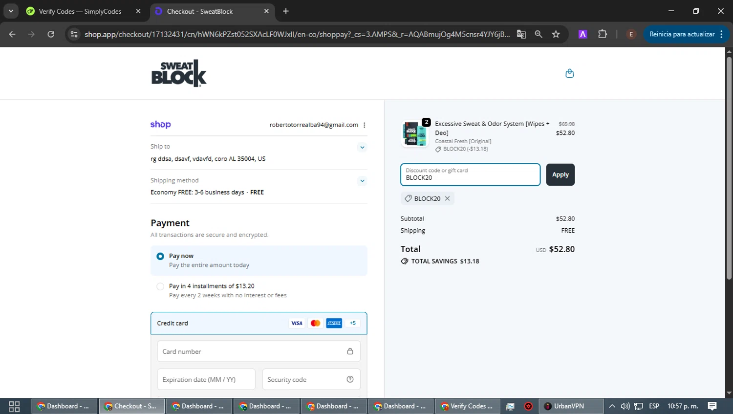 SweatBlock promo code screenshot showing code BLOCK20 applied at SweatBlock checkout page. Uploaded by SimplyCodes community member WonderPilot3689 on Dec 23, 2025