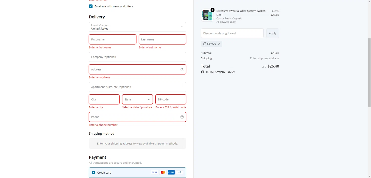 SweatBlock promo code screenshot showing code SBW20 applied at SweatBlock checkout page. Uploaded by SimplyCodes community member DiscountWarden480 on Dec 23, 2025