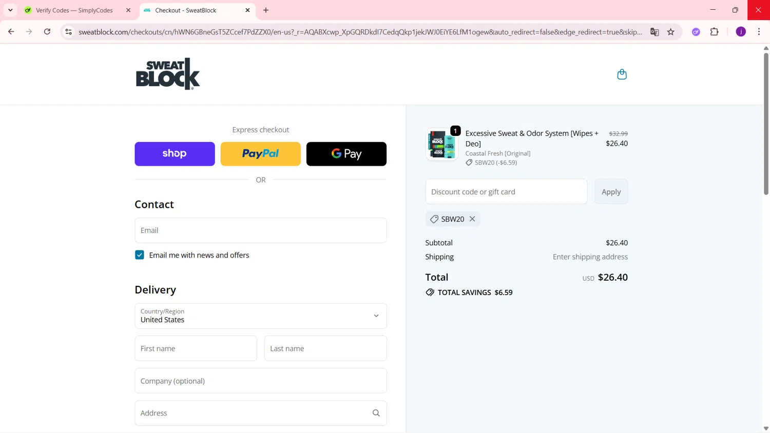 SweatBlock promo code screenshot showing code SBW20 applied at SweatBlock checkout page. Uploaded by SimplyCodes community member MagnificentSleuth912 on Dec 10, 2025