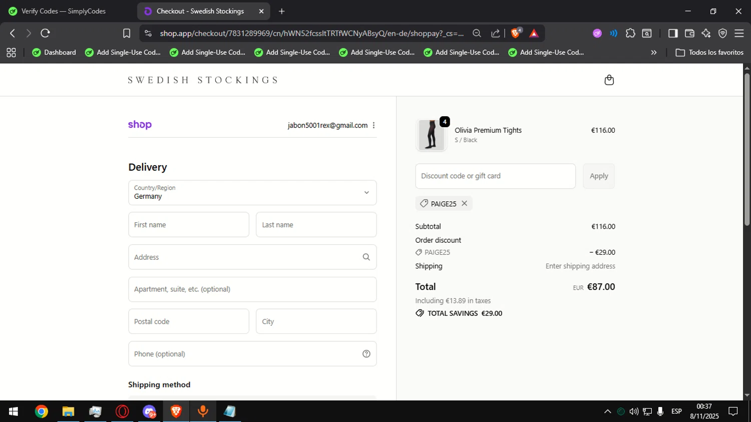 Swedish Stockings discount code screenshot showing code PAIGE25 applied at Swedish Stockings checkout page. Uploaded by SimplyCodes community member Alegre on Nov 8, 2025