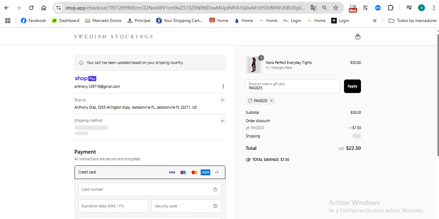 Swedish Stockings discount code screenshot showing code PAIGE25 applied at Swedish Stockings checkout page. Uploaded by SimplyCodes community member anthonydiaz1 on May 24, 2025