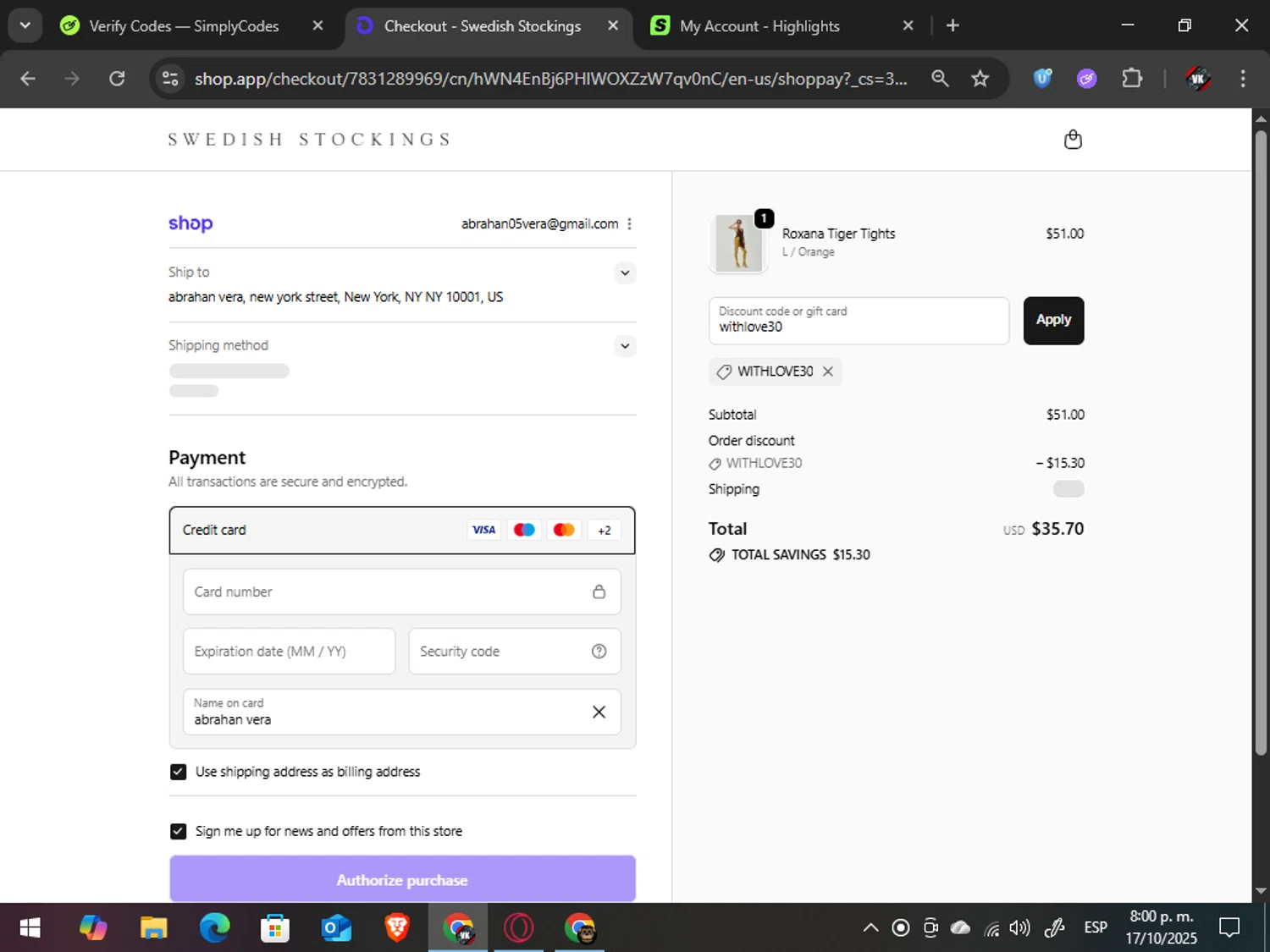 Swedish Stockings discount code screenshot showing code withlove30 applied at Swedish Stockings checkout page. Uploaded by SimplyCodes community member TreasureAdmiral6867 on Oct 18, 2025