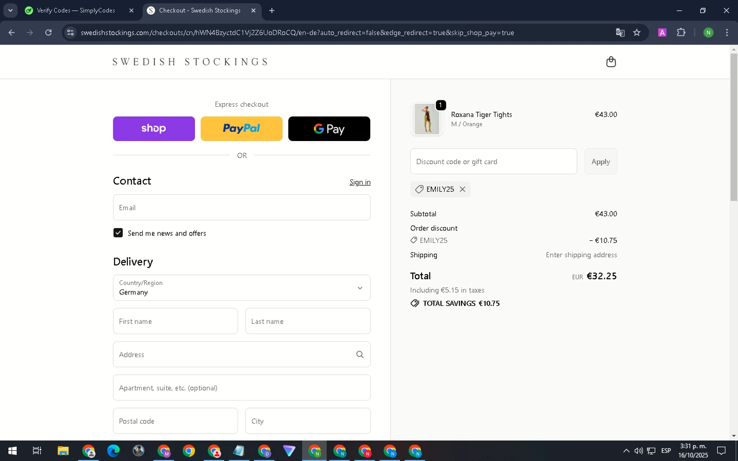 Swedish Stockings discount code screenshot showing code Emily25 applied at Swedish Stockings checkout page. Uploaded by SimplyCodes community member LuckyKnight4806 on Oct 16, 2025