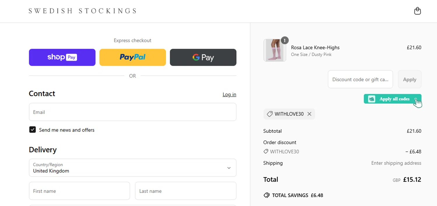 Swedish Stockings discount code screenshot showing code withlove30 applied at Swedish Stockings checkout page. Uploaded by SimplyCodes community member EnmaFoker on May 27, 2025