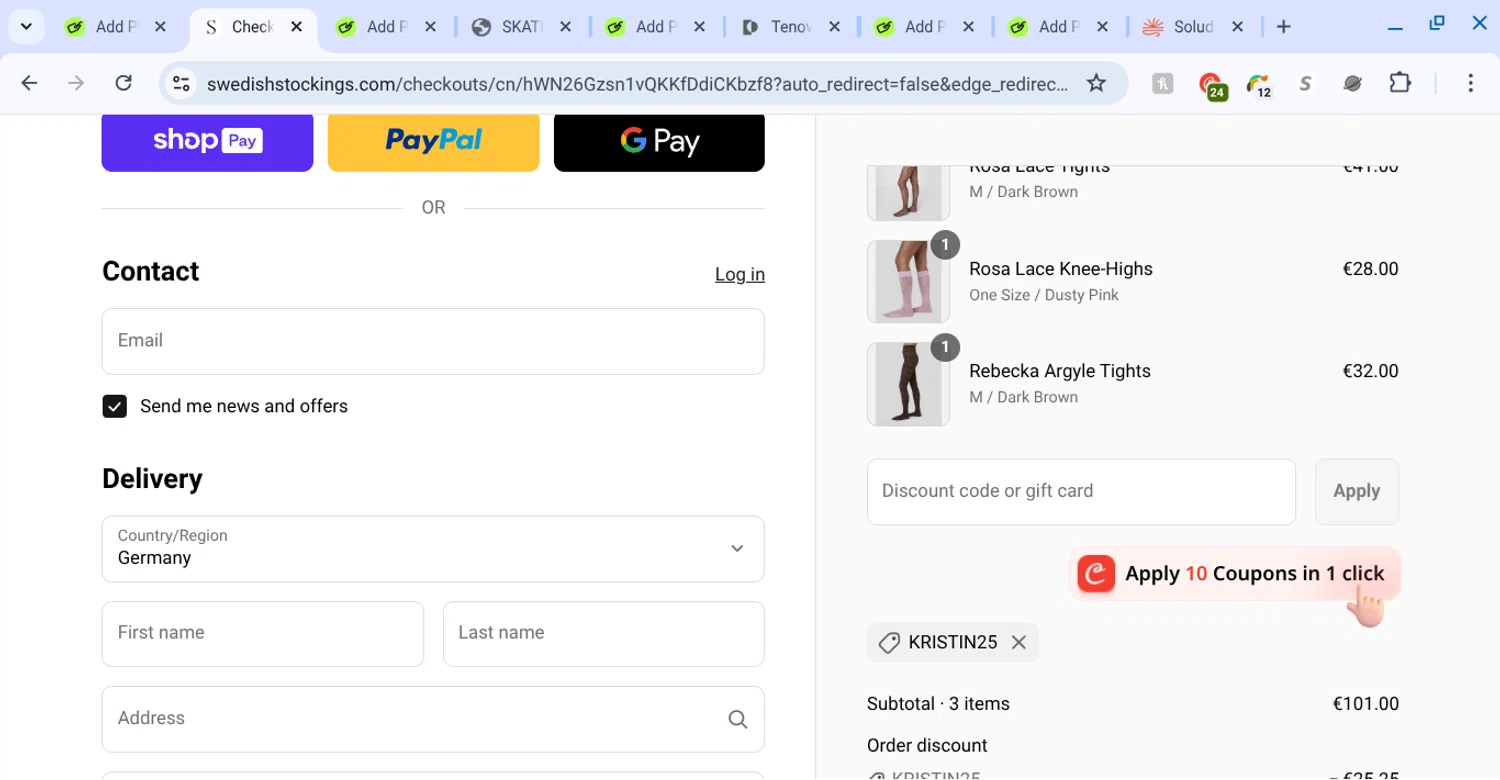 Swedish Stockings discount code screenshot showing code kristin25 applied at Swedish Stockings checkout page. Uploaded by SimplyCodes community member KarinaHZ on Aug 22, 2025