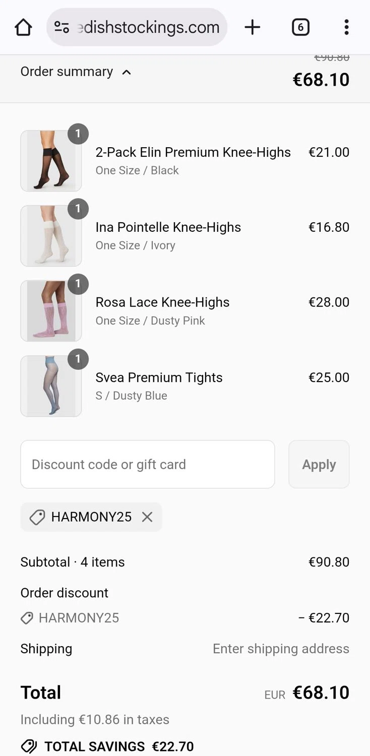 Swedish Stockings discount code screenshot showing code Harmony25 applied at Swedish Stockings checkout page. Uploaded by SimplyCodes community member KarinaHZ on Jul 28, 2025