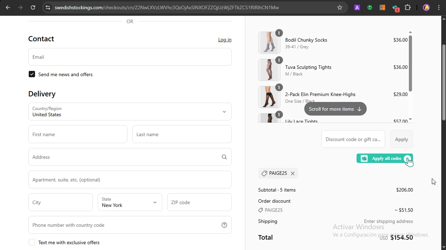 Swedish Stockings discount code screenshot showing code PAIGE25 applied at Swedish Stockings checkout page. Uploaded by SimplyCodes community member LOVECOUPON on Apr 27, 2025