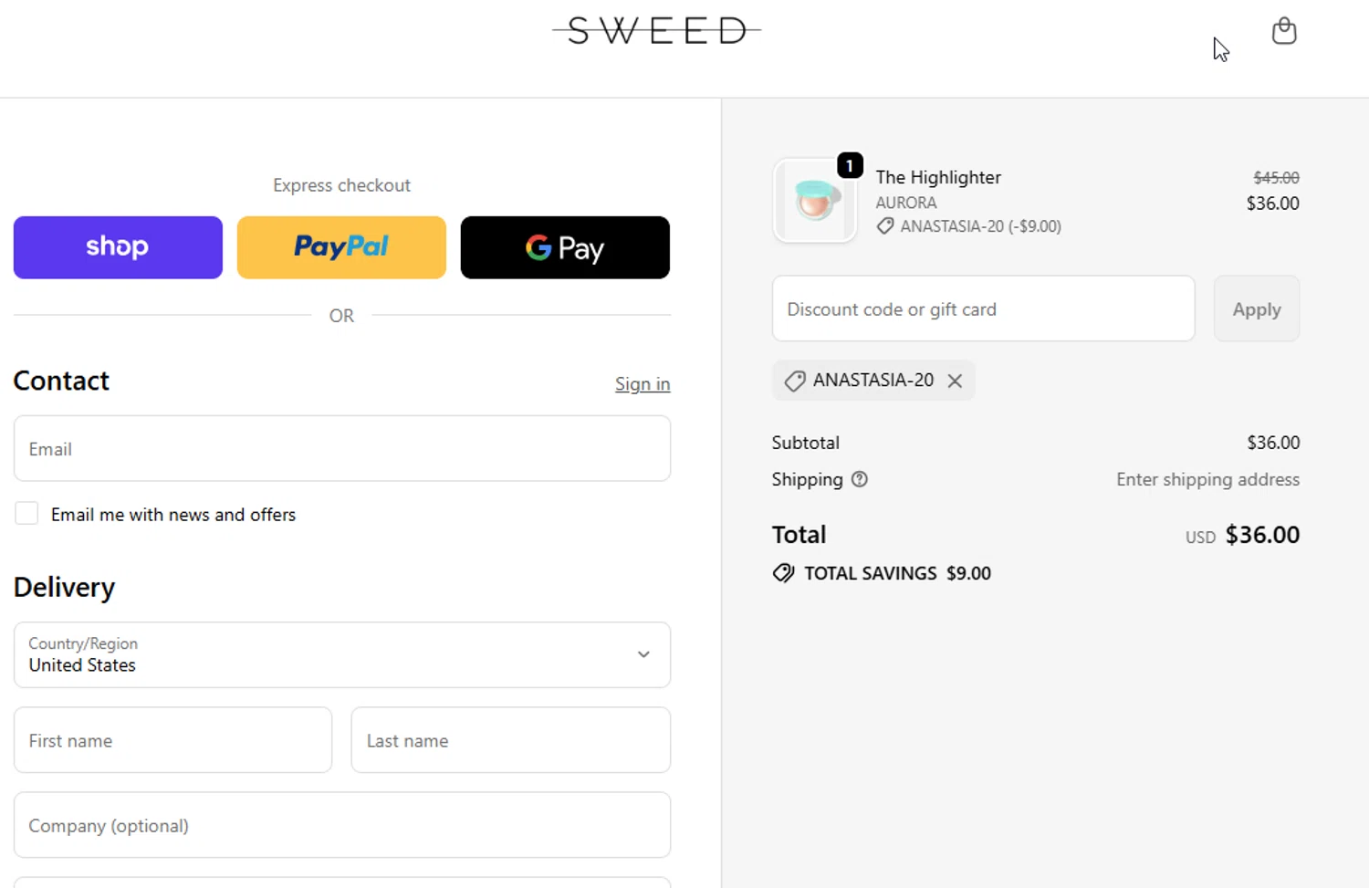 Sweed Beauty promo code screenshot showing code ANASTASIA-20 applied at Sweed Beauty checkout page. Uploaded by SimplyCodes community member BudgetGuardian5712 on Dec 22, 2025