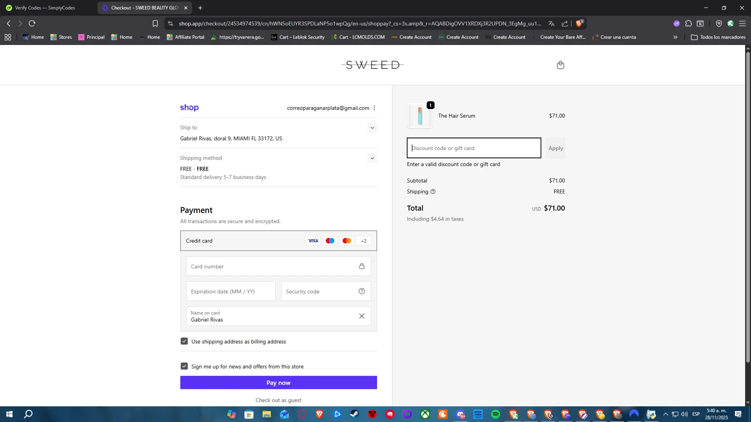 Sweed Beauty promo code screenshot showing code ANASTASIA-20 applied at Sweed Beauty checkout page. Uploaded by SimplyCodes community member SimplyNerd on Nov 28, 2025