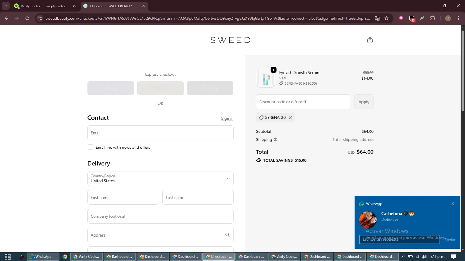 Sweed Beauty promo code screenshot showing code SERENA-20 applied at Sweed Beauty checkout page. Uploaded by SimplyCodes community member ShrewdAdmiral5920 on Dec 26, 2025