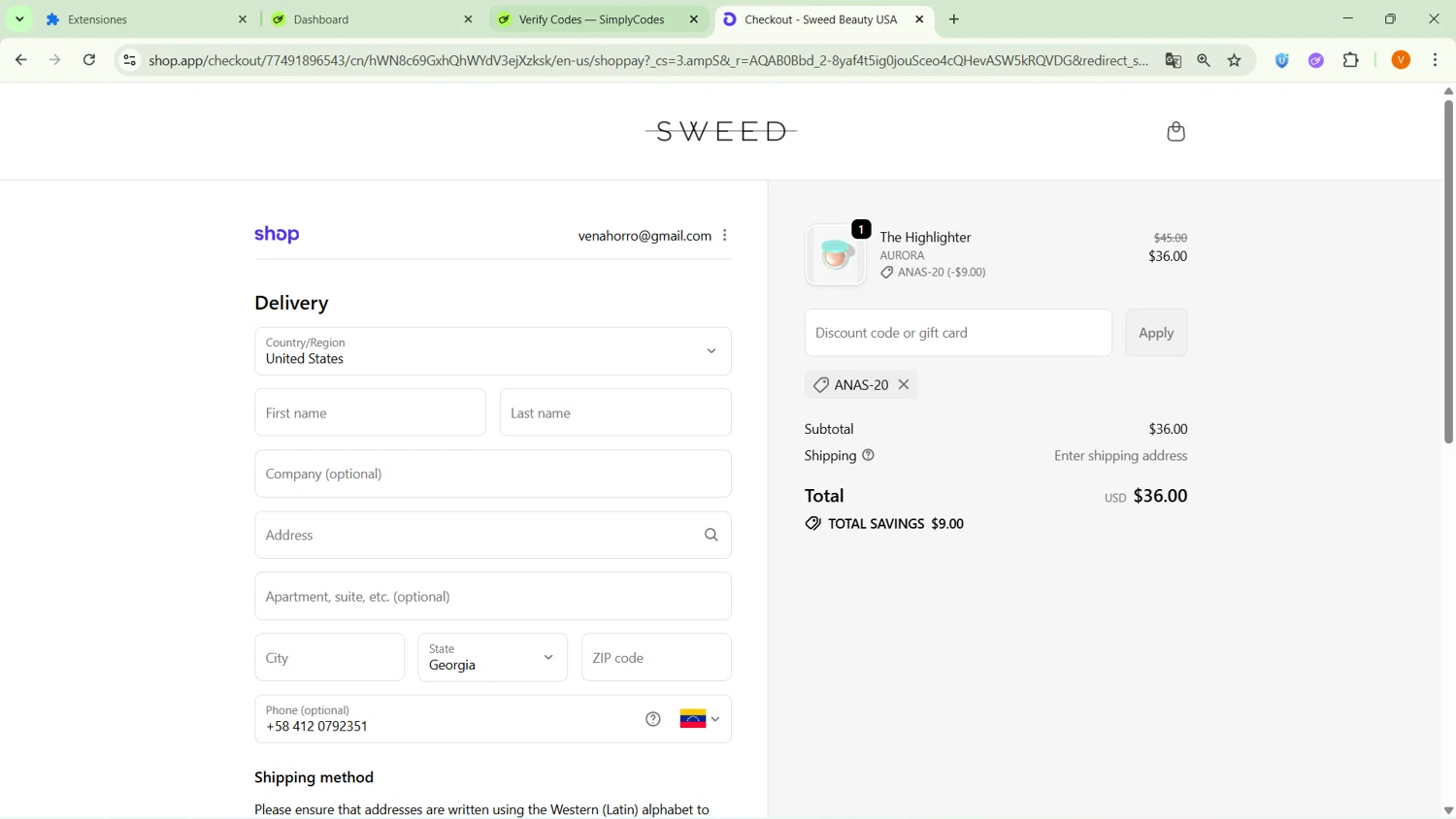 Sweed Beauty promo code screenshot showing code ANAS-20 applied at Sweed Beauty checkout page. Uploaded by SimplyCodes community member ExtraordinarySaver9637 on Feb 10, 2026