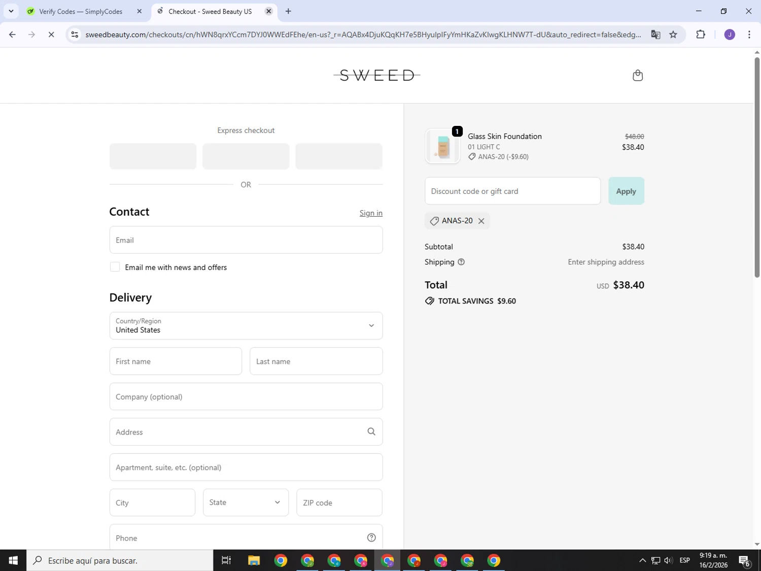Sweed Beauty checkout page showing Sweed Beauty promo code box | Screenshot taken by SimplyCodes community member on Feb 16, 2026