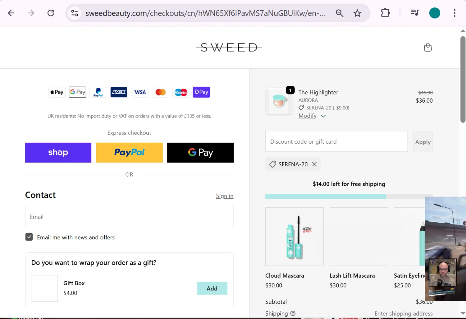 Sweed Beauty promo code screenshot showing code SERENA-20 applied at Sweed Beauty checkout page. Uploaded by SimplyCodes community member anosesmith on Dec 5, 2025