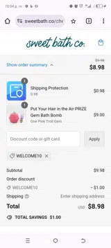 Sweet Bath Co coupon verification screenshot