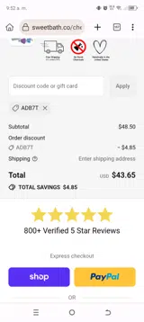 Sweet Bath Co coupon verification screenshot