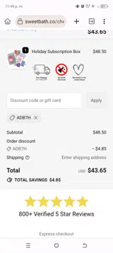 Sweet Bath Co coupon verification screenshot