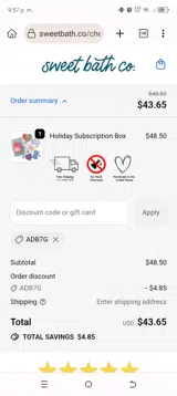 Sweet Bath Co coupon verification screenshot