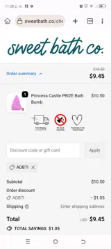 Sweet Bath Co coupon verification screenshot