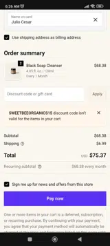 Sweet Bee Organics coupon verification screenshot