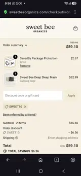 Sweet Bee Organics coupon verification screenshot