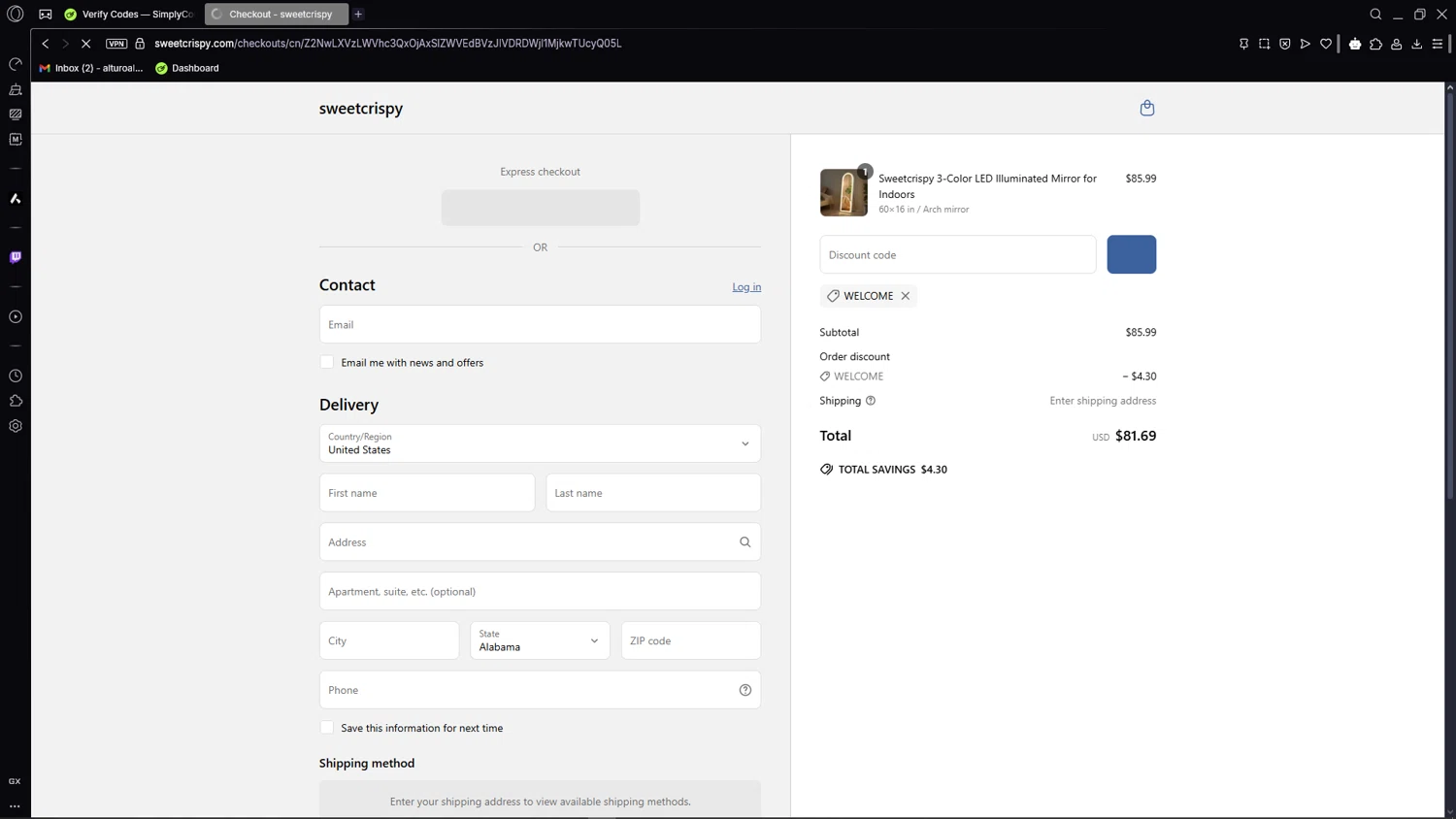sweetcrispy promo code screenshot showing code WELCOME applied at sweetcrispy checkout page. Uploaded by SimplyCodes community member CleverSage7079 on May 22, 2025