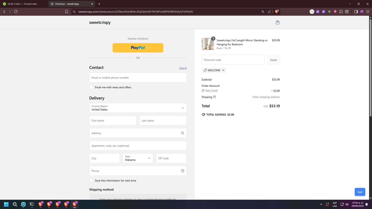 sweetcrispy promo code screenshot showing code WELCOME applied at sweetcrispy checkout page. Uploaded by SimplyCodes community member jakycham2020 on Jun 29, 2025
