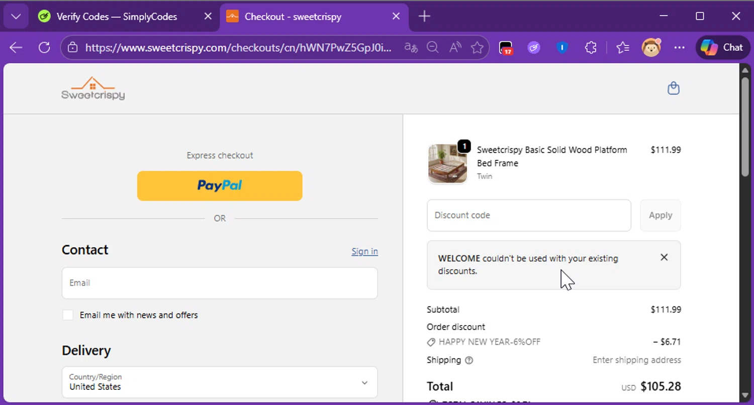 sweetcrispy promo code screenshot showing code WELCOME applied at sweetcrispy checkout page. Uploaded by SimplyCodes community member Raibelys_18 on Jan 9, 2026