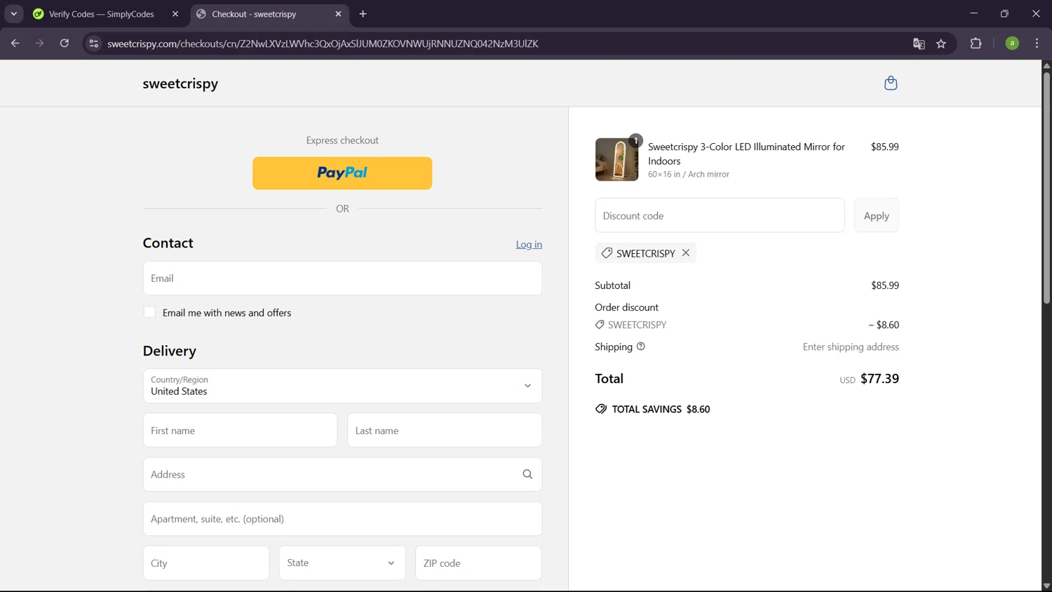 sweetcrispy promo code screenshot showing code SWEETCRISPY applied at sweetcrispy checkout page. Uploaded by SimplyCodes community member SavingsHero9122 on Apr 14, 2025