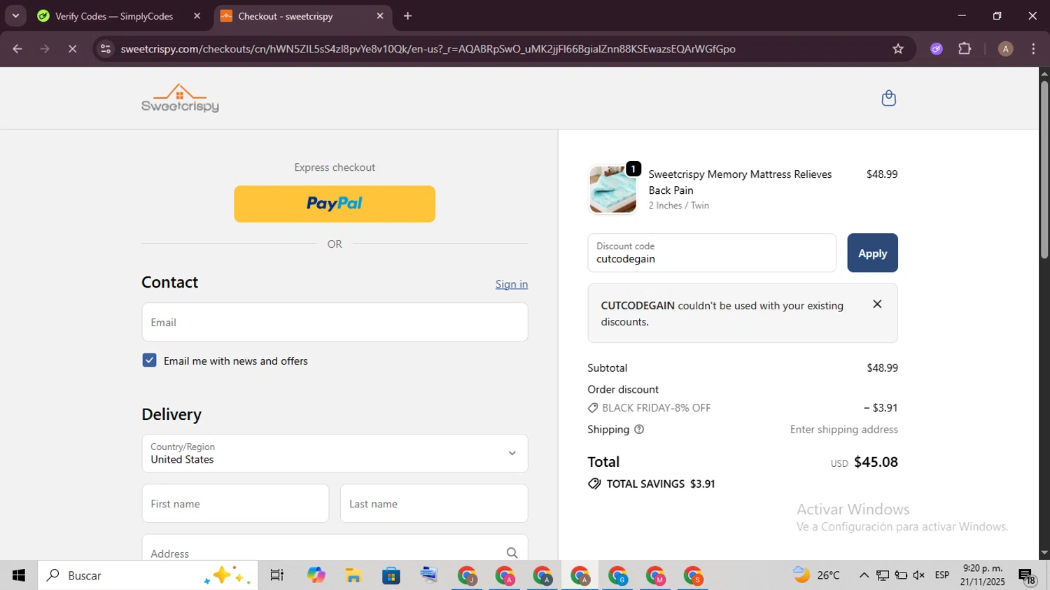 sweetcrispy promo code screenshot showing code cutcodegain applied at sweetcrispy checkout page. Uploaded by SimplyCodes community member BargainGenius8397 on Nov 22, 2025