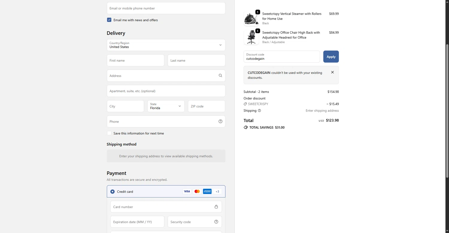 sweetcrispy promo code screenshot showing code cutcodegain applied at sweetcrispy checkout page. Uploaded by SimplyCodes community member RebateFalcon3172 on Oct 16, 2025