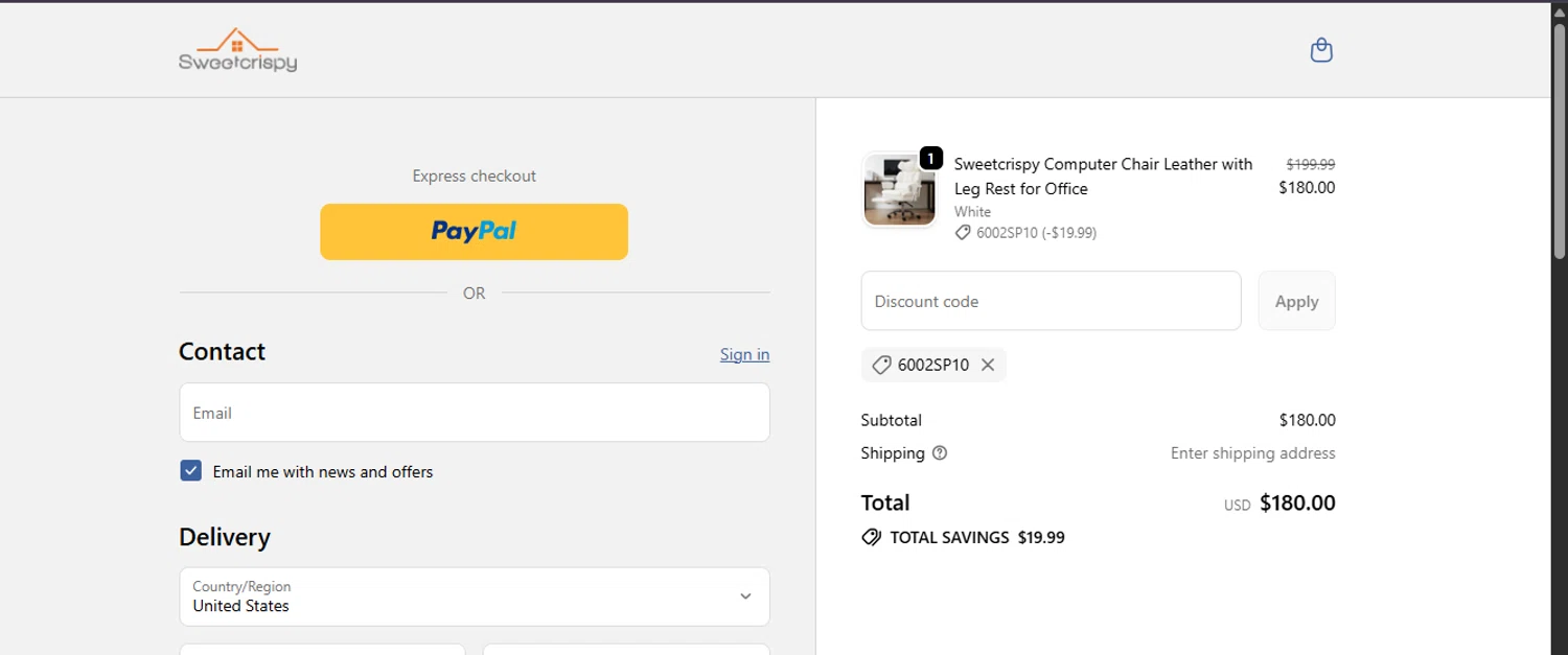 sweetcrispy checkout page showing sweetcrispy promo code box | Screenshot taken by SimplyCodes community member on Jan 9, 2026