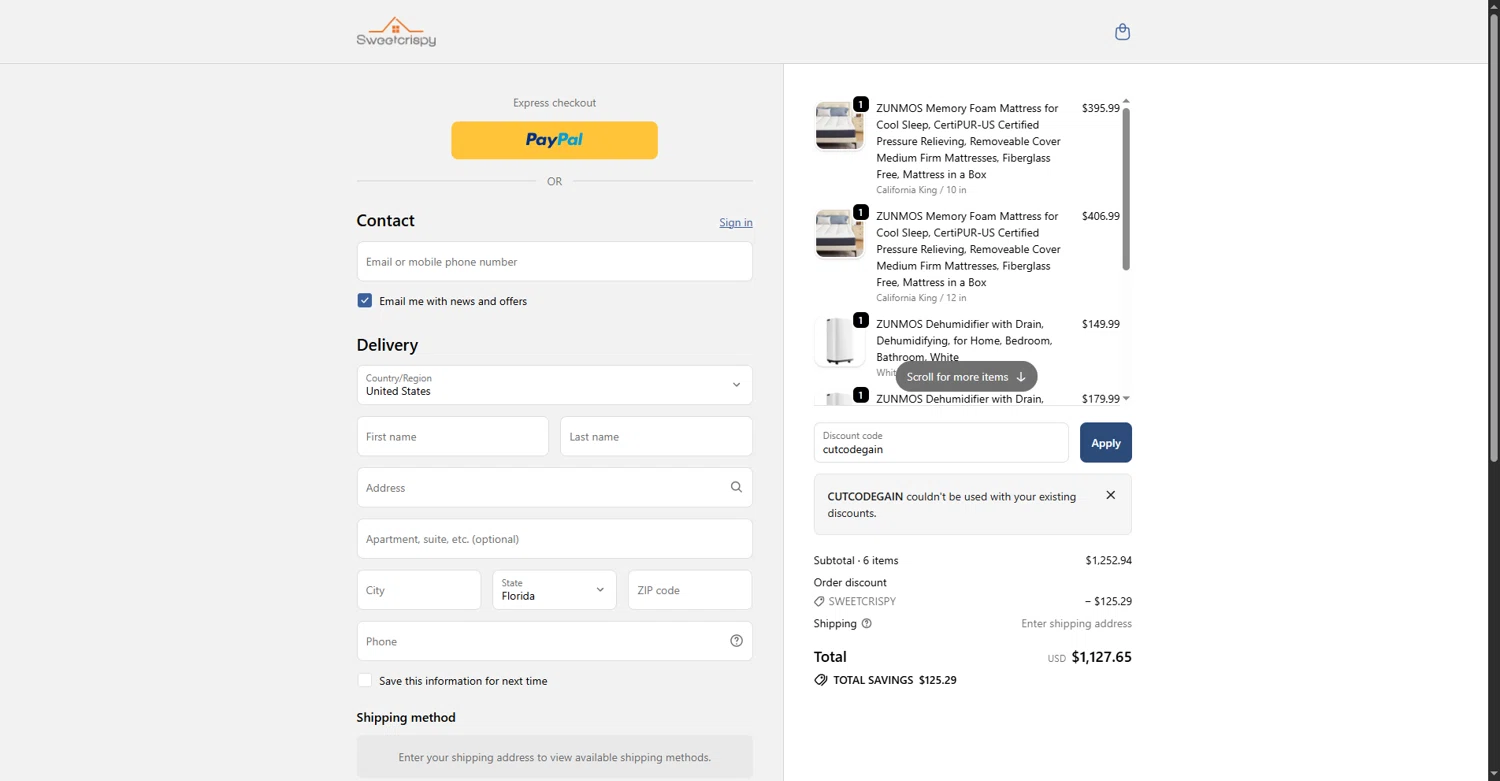 sweetcrispy promo code screenshot showing code cutcodegain applied at sweetcrispy checkout page. Uploaded by SimplyCodes community member NobleCollector8318 on Oct 15, 2025