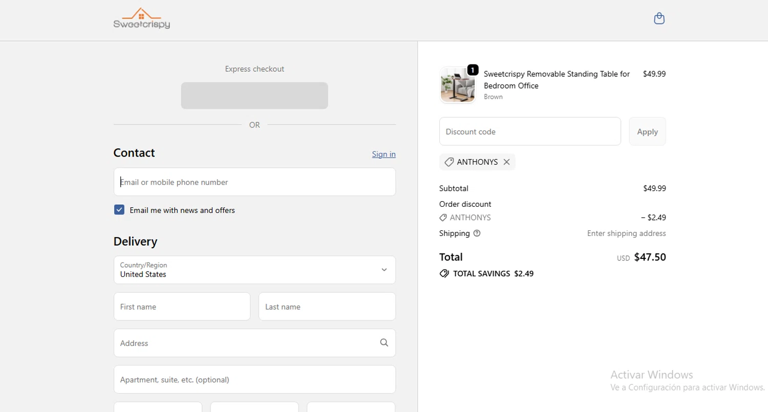 sweetcrispy promo code screenshot showing code ANTHONYS applied at sweetcrispy checkout page. Uploaded by SimplyCodes community member anthonysemeco on Oct 12, 2025