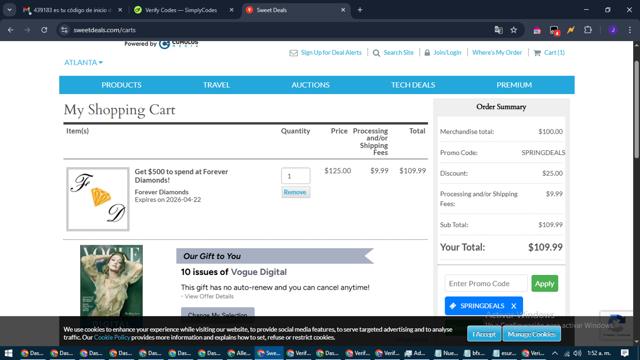 Sweet Deals checkout page showing Sweet Deals promo code box | Screenshot taken by SimplyCodes community member on Apr 22, 2025