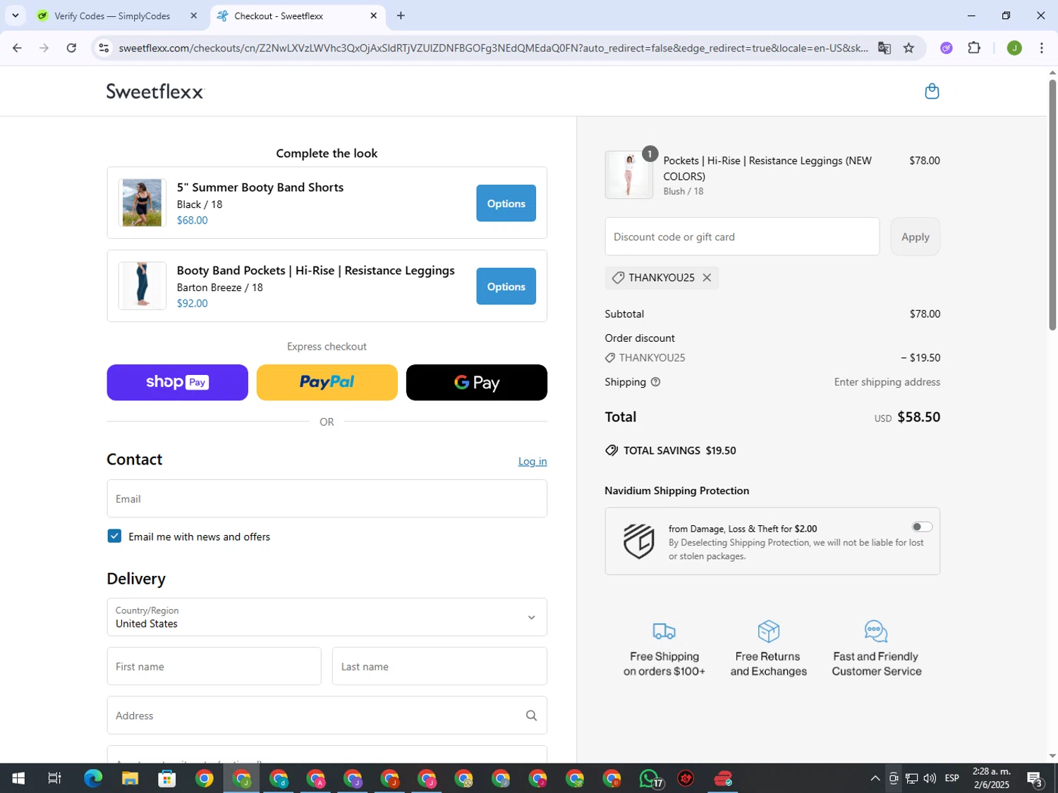 Sweetflexx coupon code screenshot showing code THANKYOU25 applied at Sweetflexx checkout page. Uploaded by SimplyCodes community member MightyFinder1041 on Jun 2, 2025