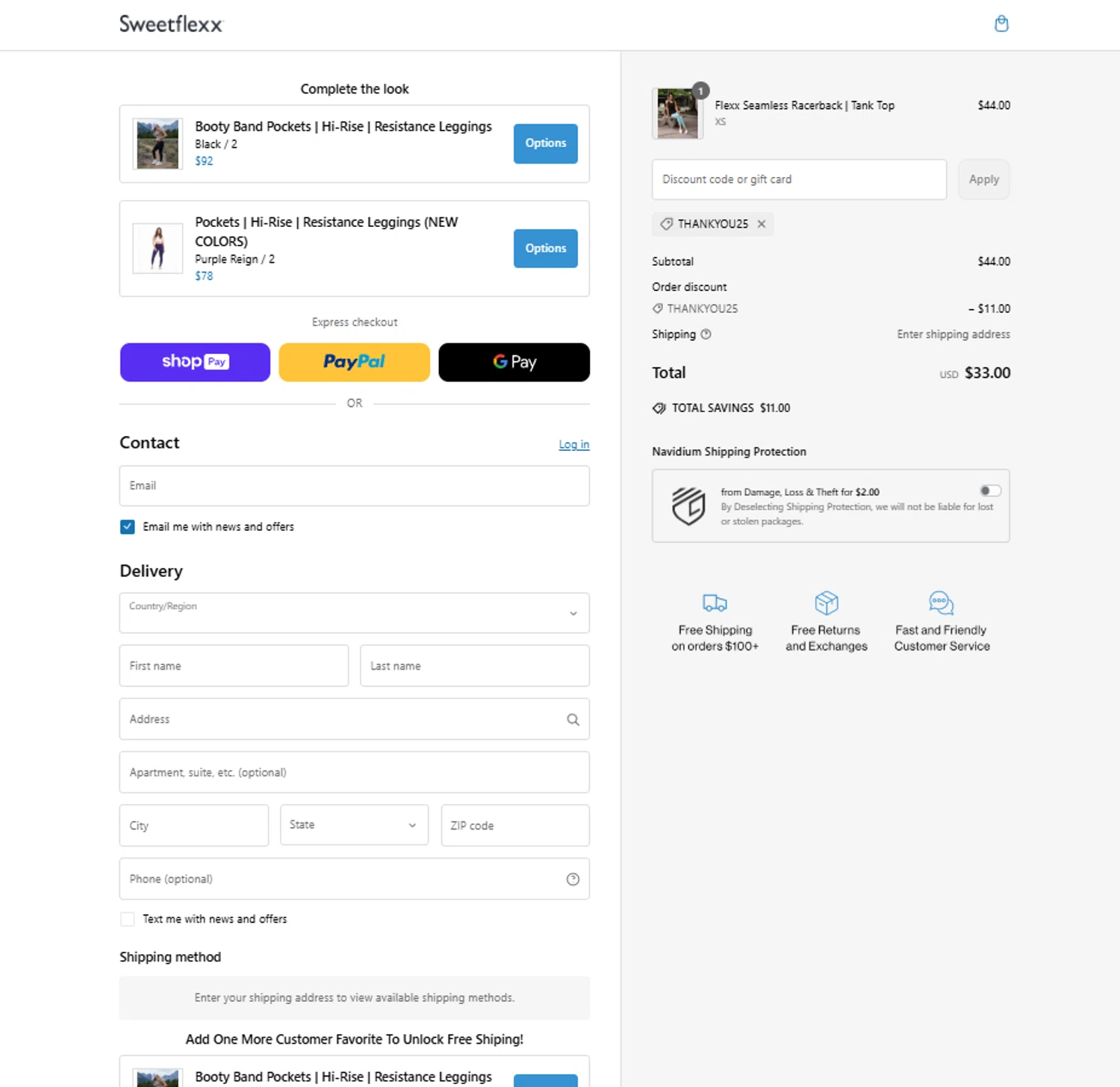 Sweetflexx coupon code screenshot showing code THANKYOU25 applied at Sweetflexx checkout page. Uploaded by SimplyCodes community member Tortugasninja on Mar 11, 2025