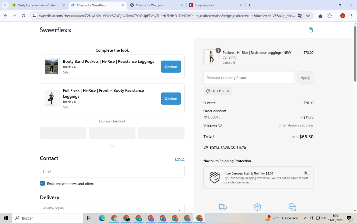 Sweetflexx coupon code screenshot showing code Deeo15 applied at Sweetflexx checkout page. Uploaded by SimplyCodes community member ExtraordinaryVirtuoso6801 on Mar 11, 2025