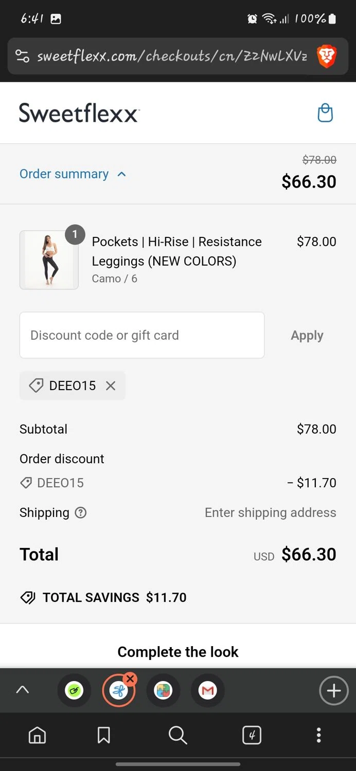 Sweetflexx coupon code screenshot showing code Deeo15 applied at Sweetflexx checkout page. Uploaded by SimplyCodes community member GoldLynx7797 on Mar 3, 2025