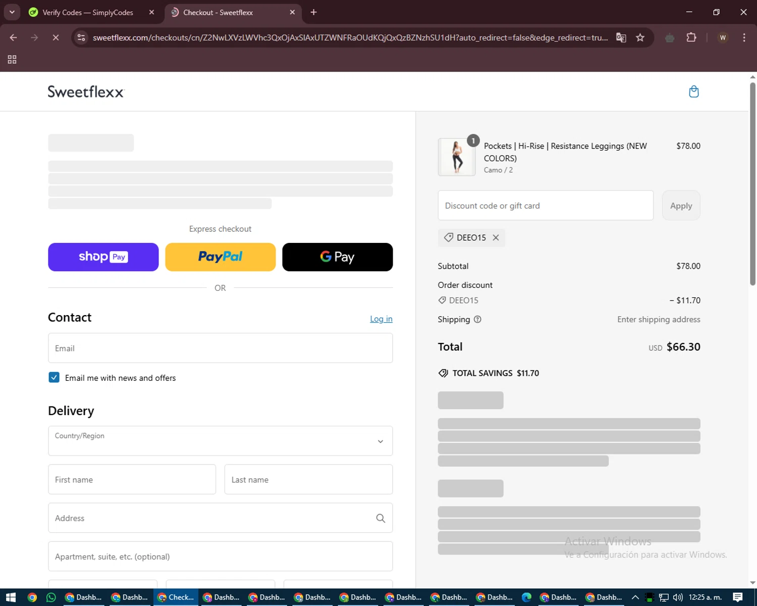 Sweetflexx coupon code screenshot showing code Deeo15 applied at Sweetflexx checkout page. Uploaded by SimplyCodes community member DealMaestro2101 on Mar 11, 2025