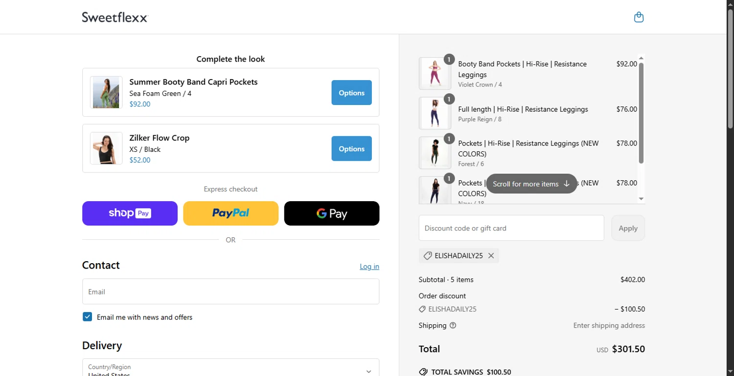 Sweetflexx coupon code screenshot showing code ELISHADAILY25 applied at Sweetflexx checkout page. Uploaded by SimplyCodes community member RewardLion6202 on Jun 21, 2025