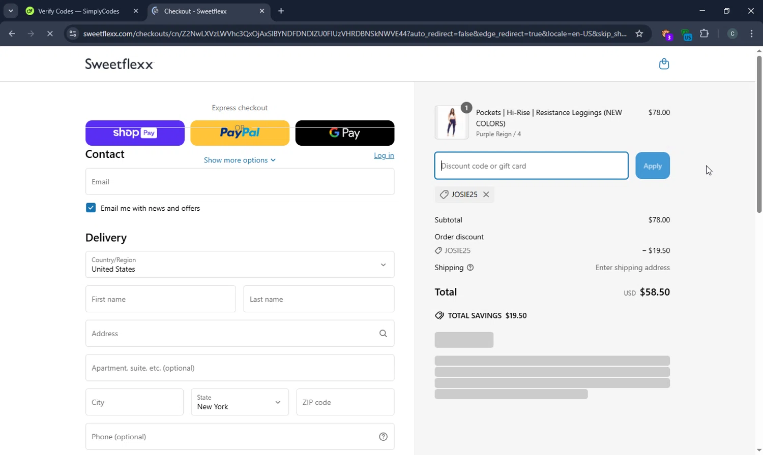 Sweetflexx coupon code screenshot showing code JOSIE25 applied at Sweetflexx checkout page. Uploaded by SimplyCodes community member BonusFox1297 on Mar 21, 2025