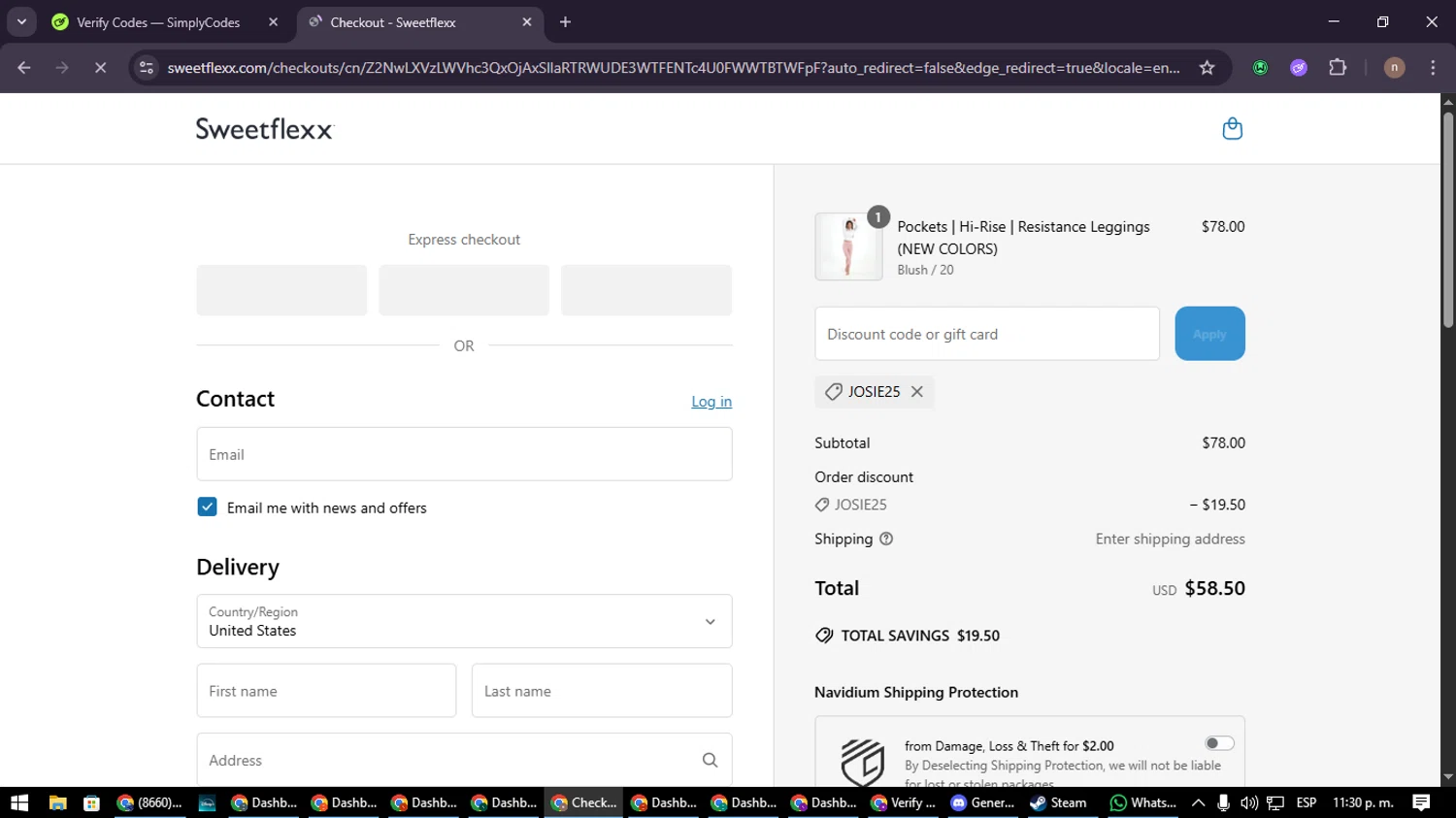 Sweetflexx coupon code screenshot showing code JOSIE25 applied at Sweetflexx checkout page. Uploaded by SimplyCodes community member SmartWarden8713 on Jun 30, 2025