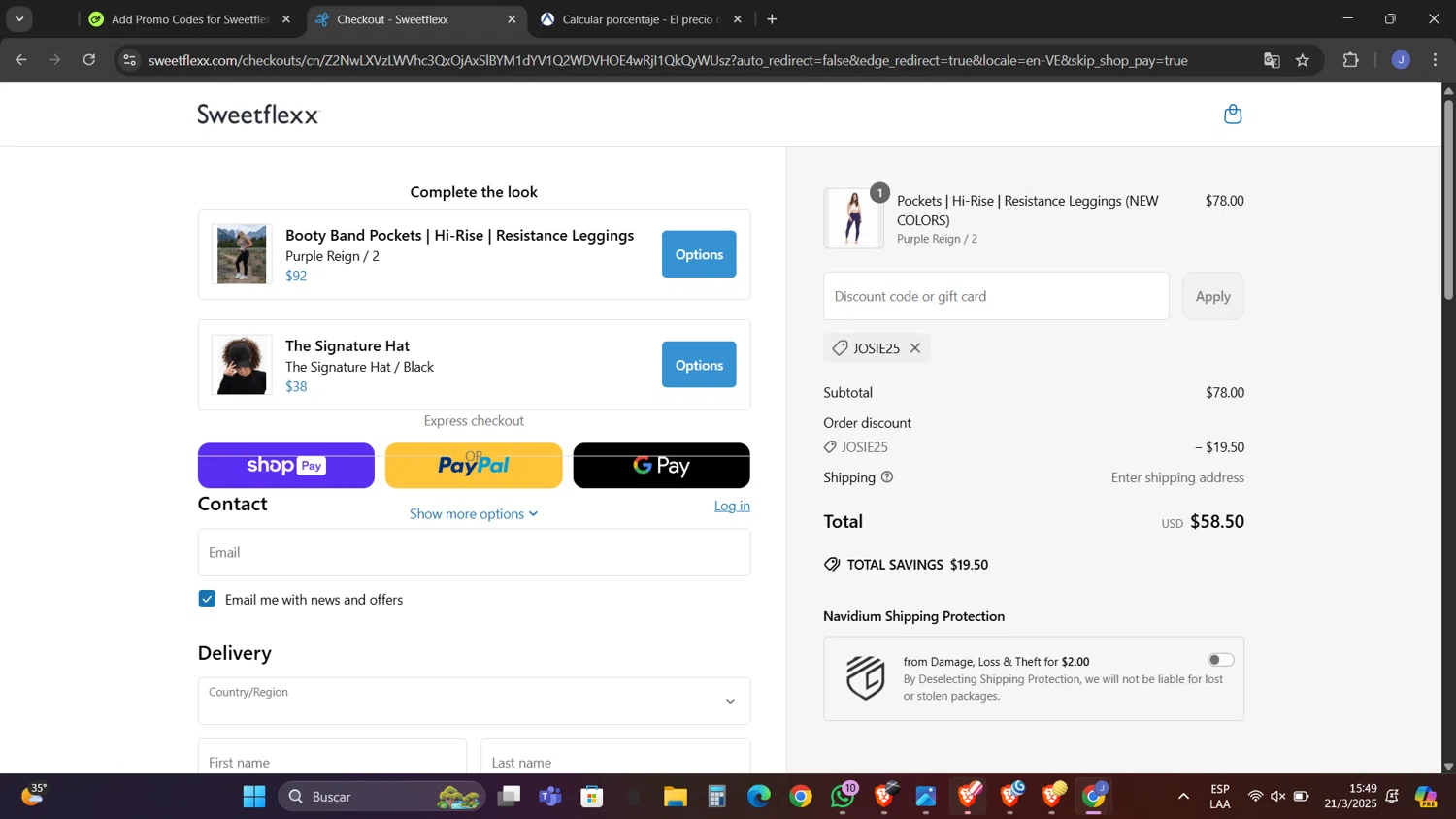 Sweetflexx coupon code screenshot showing code JOSIE25 applied at Sweetflexx checkout page. Uploaded by SimplyCodes community member CouponNavigator9812 on Mar 21, 2025