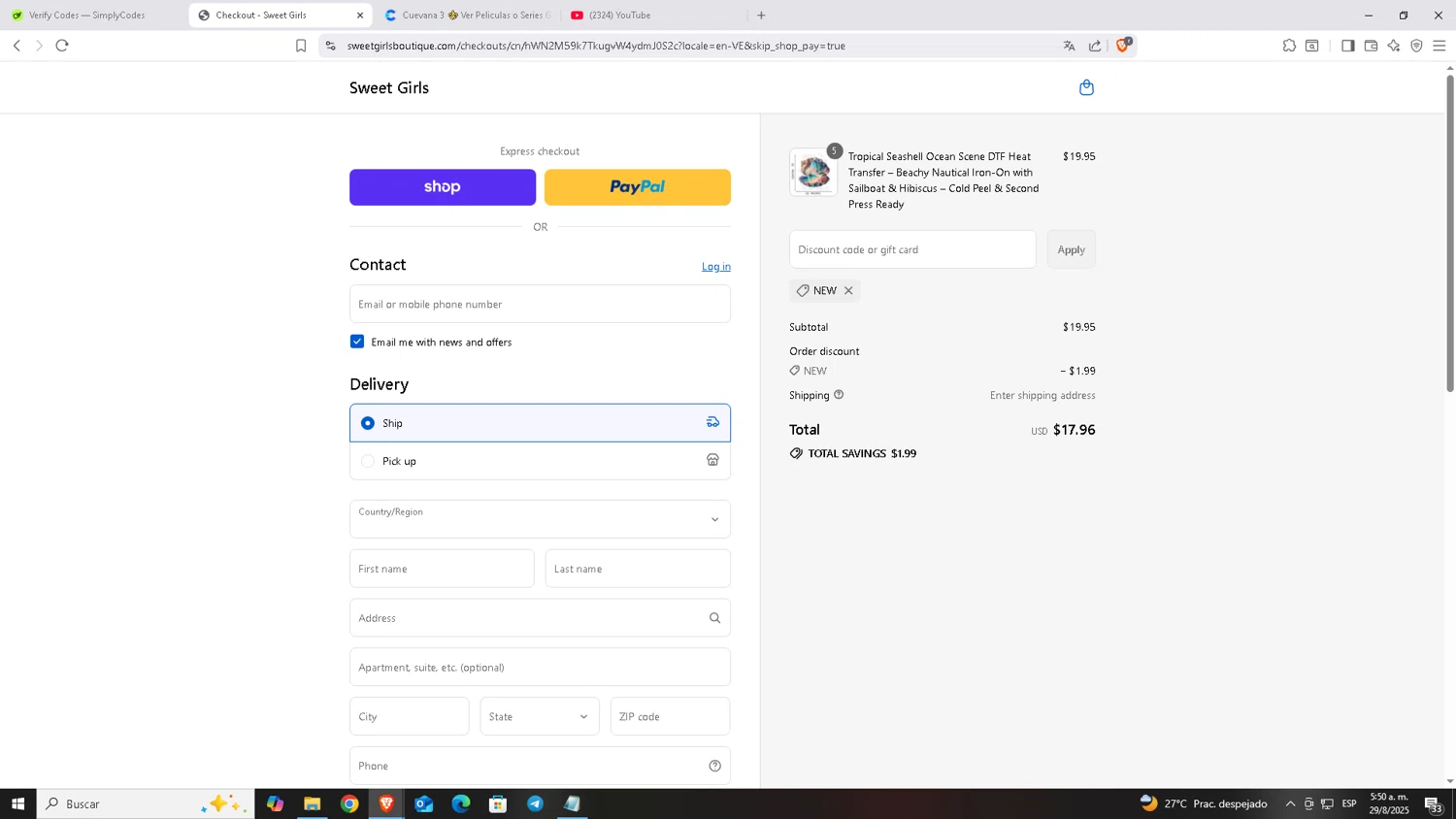 Sweet Girls Boutique promo code screenshot showing code NEW applied at Sweet Girls Boutique checkout page. Uploaded by SimplyCodes community member Carloscoder_900457733 on Aug 29, 2025
