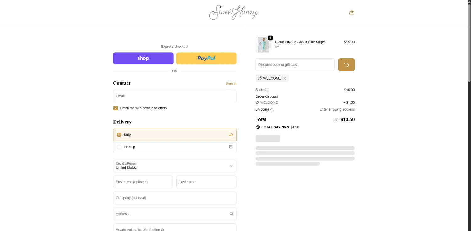 SweetHoney discount code screenshot showing code WELCOME applied at SweetHoney checkout page. Uploaded by SimplyCodes community member VoucherRanger9105 on Jan 5, 2026