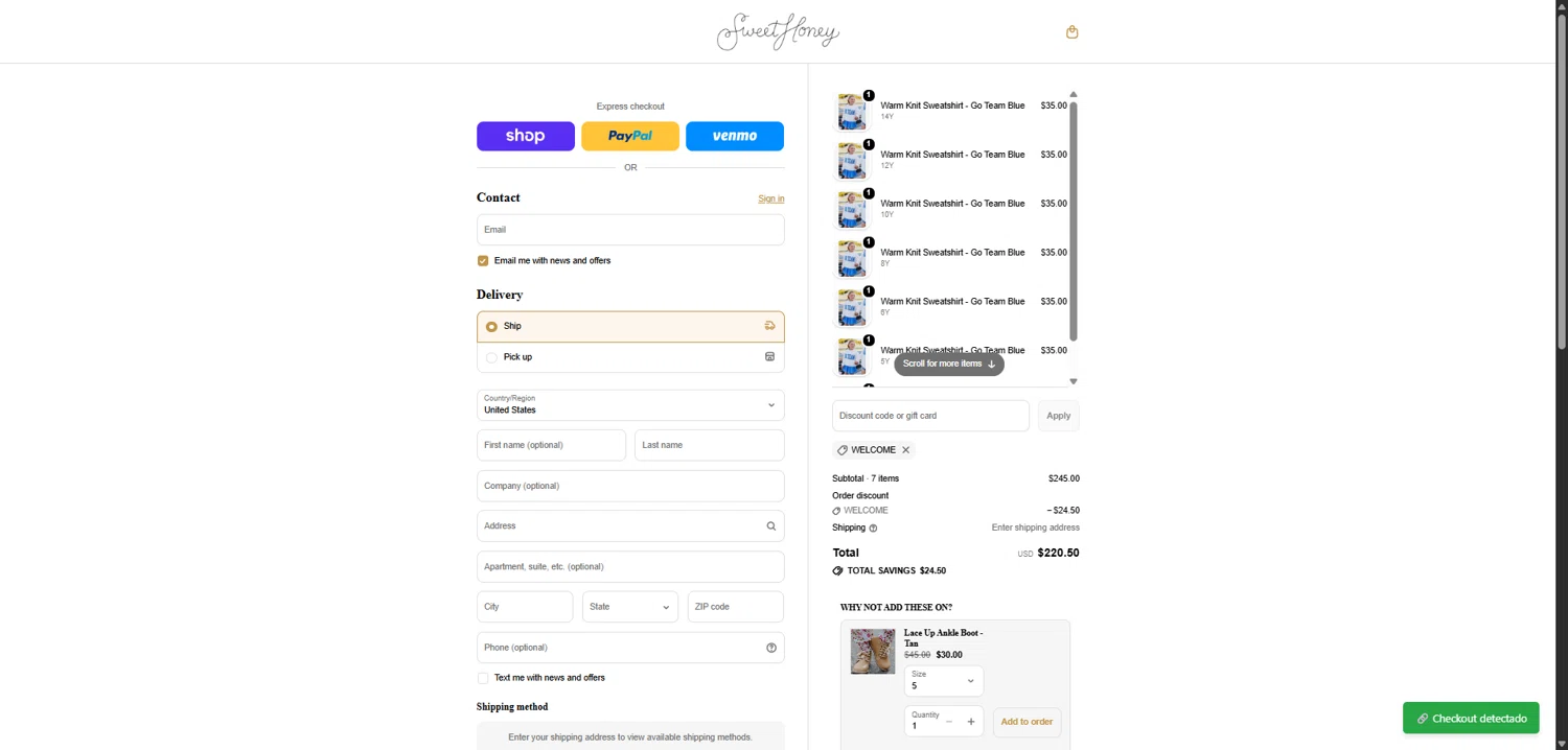 SweetHoney checkout page showing SweetHoney discount code box | Screenshot taken by SimplyCodes community member on Feb 7, 2026