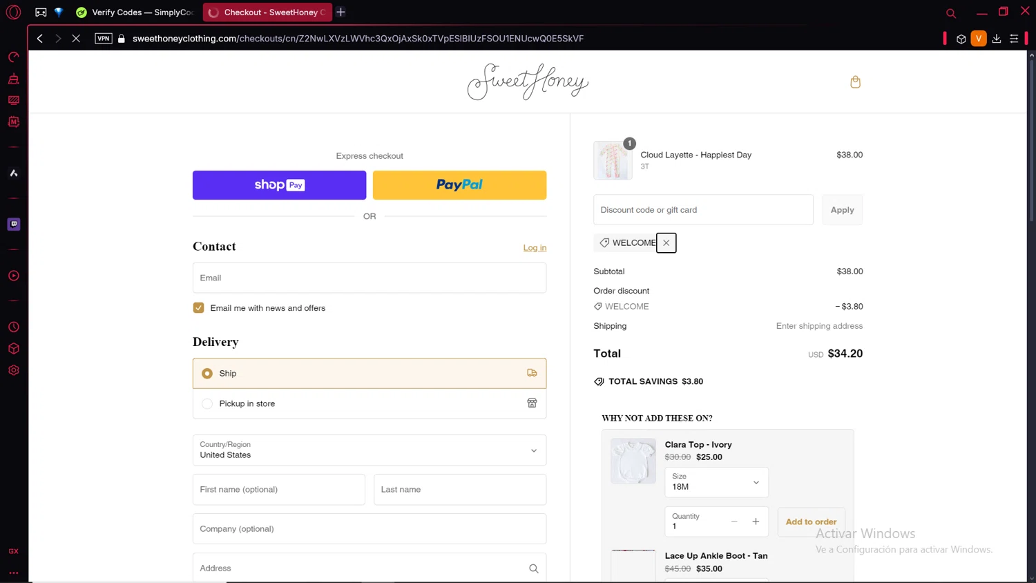 SweetHoney discount code screenshot showing code WELCOME applied at SweetHoney checkout page. Uploaded by SimplyCodes community member BrilliantLion4485 on Feb 14, 2025